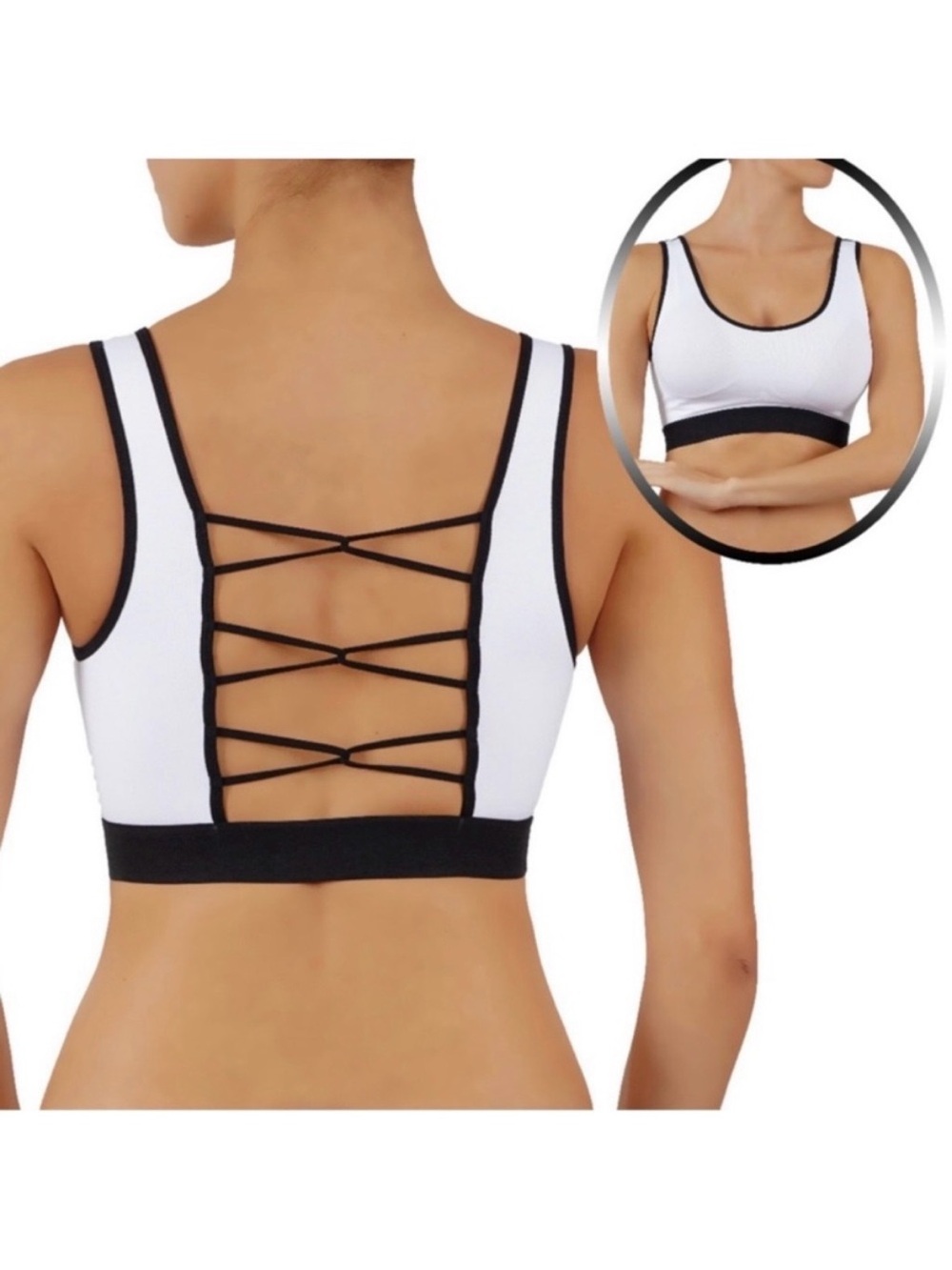 Yelete Criss Cross Sports Bra White Black High Impact Removable Cups S NWT